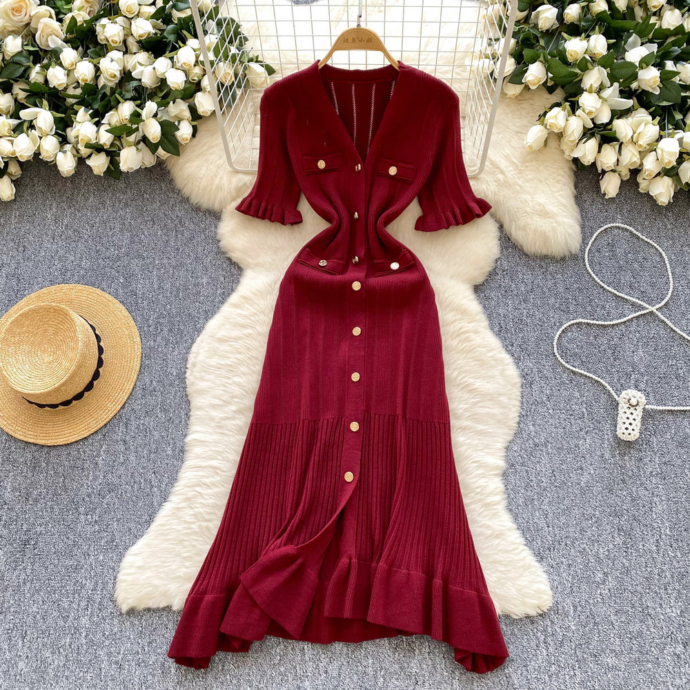French retro chic knit dress - women's summer ruffle trim single-breasted design - elegant & luxe maxi dress