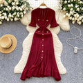 French retro chic knit dress - women's summer ruffle trim single-breasted design - elegant & luxe maxi dress