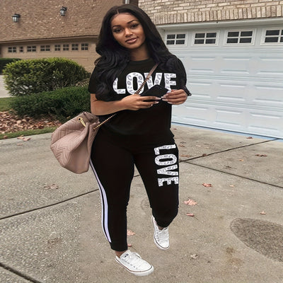 P390469 cross-border wholesale women's fashion plus size casual leopard print letter print short sleeve long pants