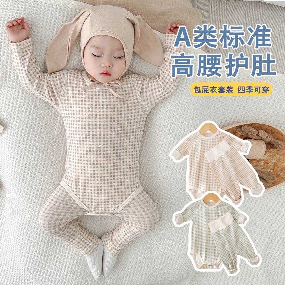 Baby pajamas cotton clothes baby home clothes bottomintimates autumn and winter belly cover high waist belly protection suit autumn pants