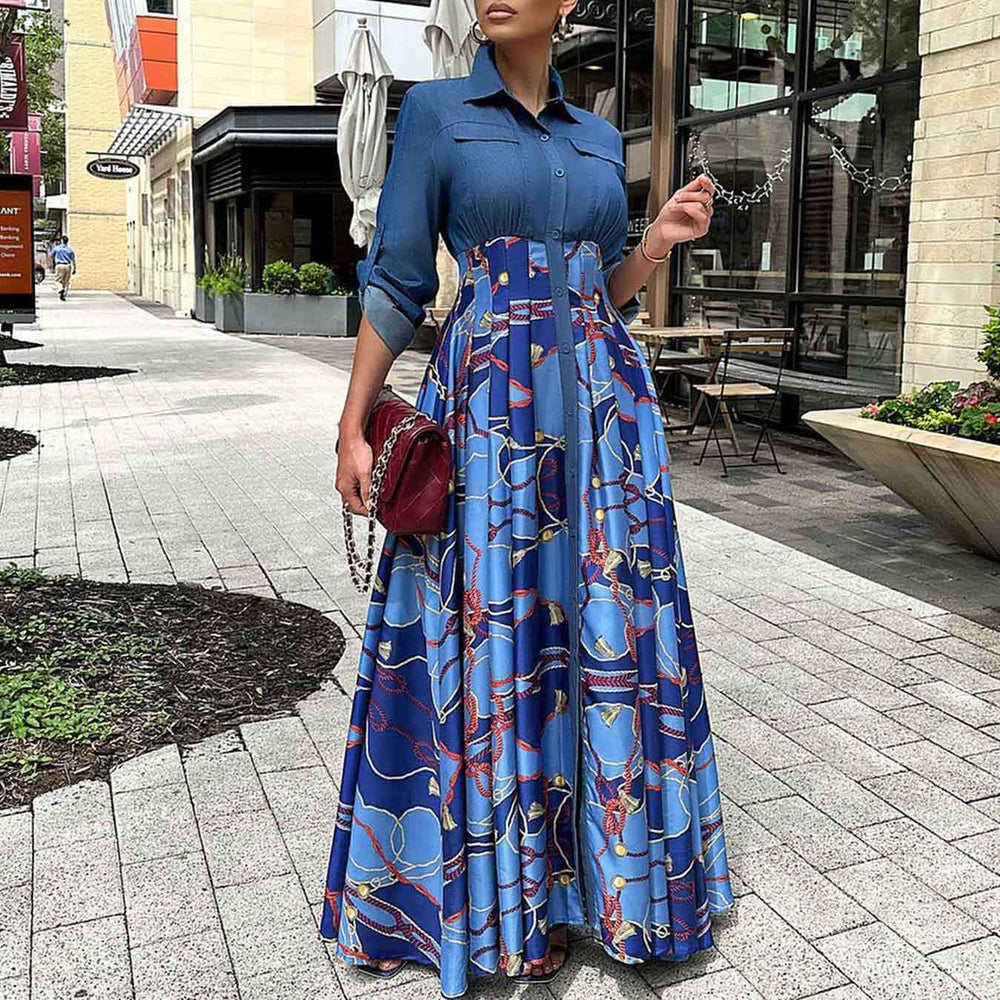 C8551 autumn/winter new plus size women's fashion casual denim patchwork print maxi dress - export quality