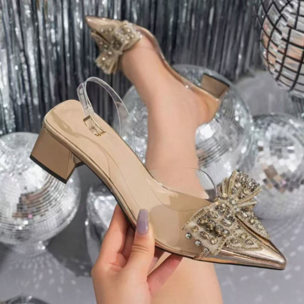 Low ankle cross-border sandals springnew arrival aliexpress sweetbows pointed toe transparent low heel rhinestone sandals
