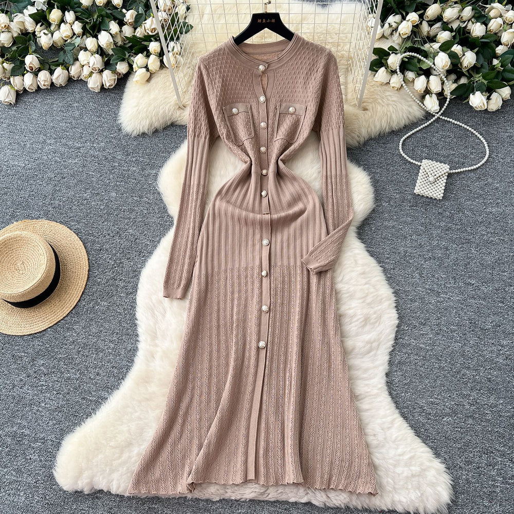 French chic metallic buckle waist dress - women's 2025 autumn slimming elegant hollow-out knit maxi dress