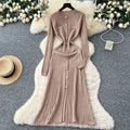French chic metallic buckle waist dress - women's 2025 autumn slimming elegant hollow-out knit maxi dress