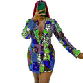 D170  temperament commuter ethnic style suit collar printing long sleeves foreign trade large size european and american cross-border dress