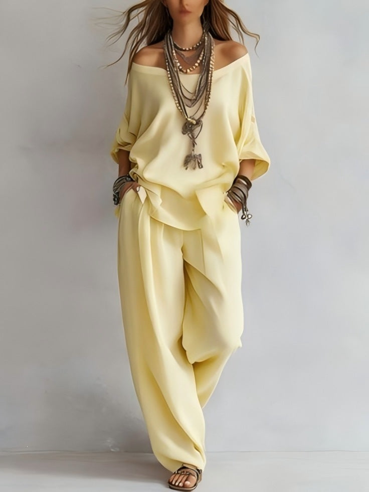 European and american cross-border  independent station summer new casual loose linen three-quarter sleeve top + wide-leg pants set