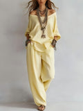 European and american cross-border  independent station summer new casual loose linen three-quarter sleeve top + wide-leg pants set