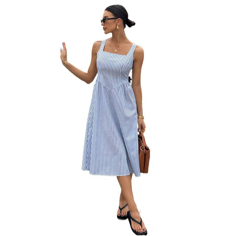 Aliexpress cross-border original design: women's square neck striped elegant dress for everyday wear