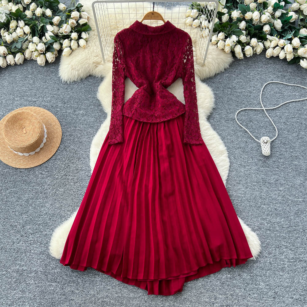 French chic high-end bowknot lace long sleeve patchwork waist pleated dress - elegant women's formal gown