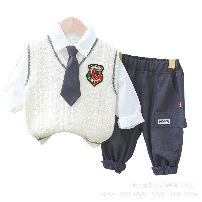 Boys' preppy sweater vest spring/autumn outfit - stylish and casual three-piece set for little gentlemen