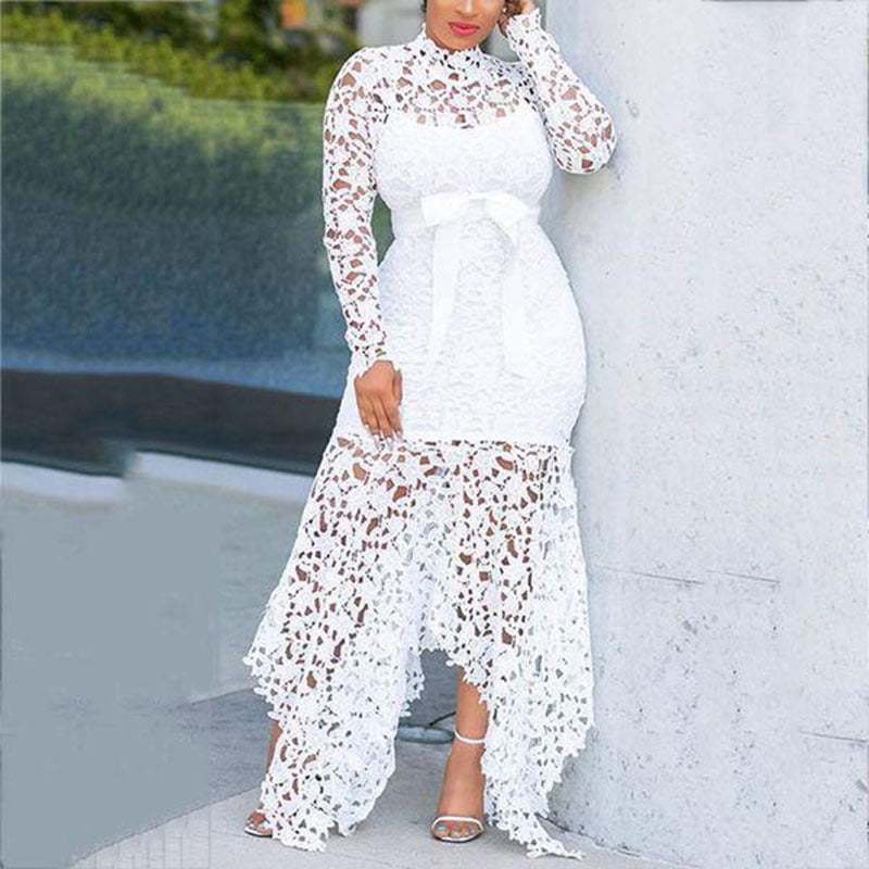 new european and american style women's export dress -  lace hollow-out long sleeve stand collar tie-up irregular dress in 5 colors