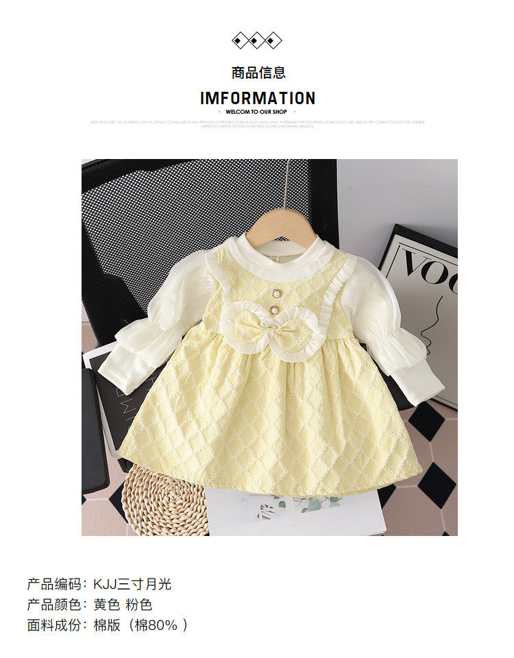 Girls' chanel-inspired dress - spring/autumn style - kids' skirt with puff sleeves, bow detail, round neck, suspender skirt, faux two-piece trendy design