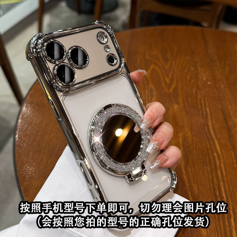 Electroplated four-corner airbag shockproof phone case for iphone 17, apple 14 glitter mirror magnetic stand protective cover