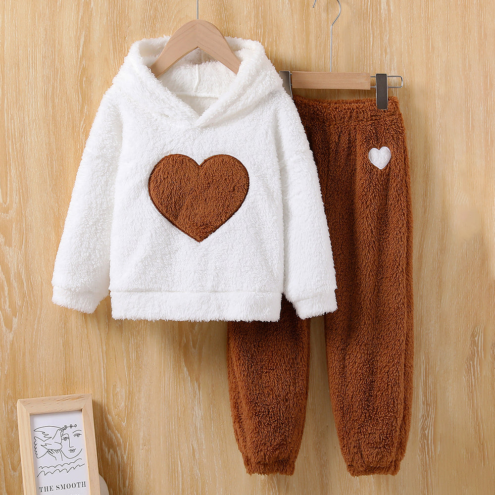 autumn/winter girls' fleece sweatshirt set - heart pattern crew neck long sleeve top - kids' warm loungewear