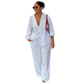 European and american cross-border women's fashion:  summer new arrival - stylish turn-down collar, loose-fit white long-sleeve shirt and wide-leg pants set