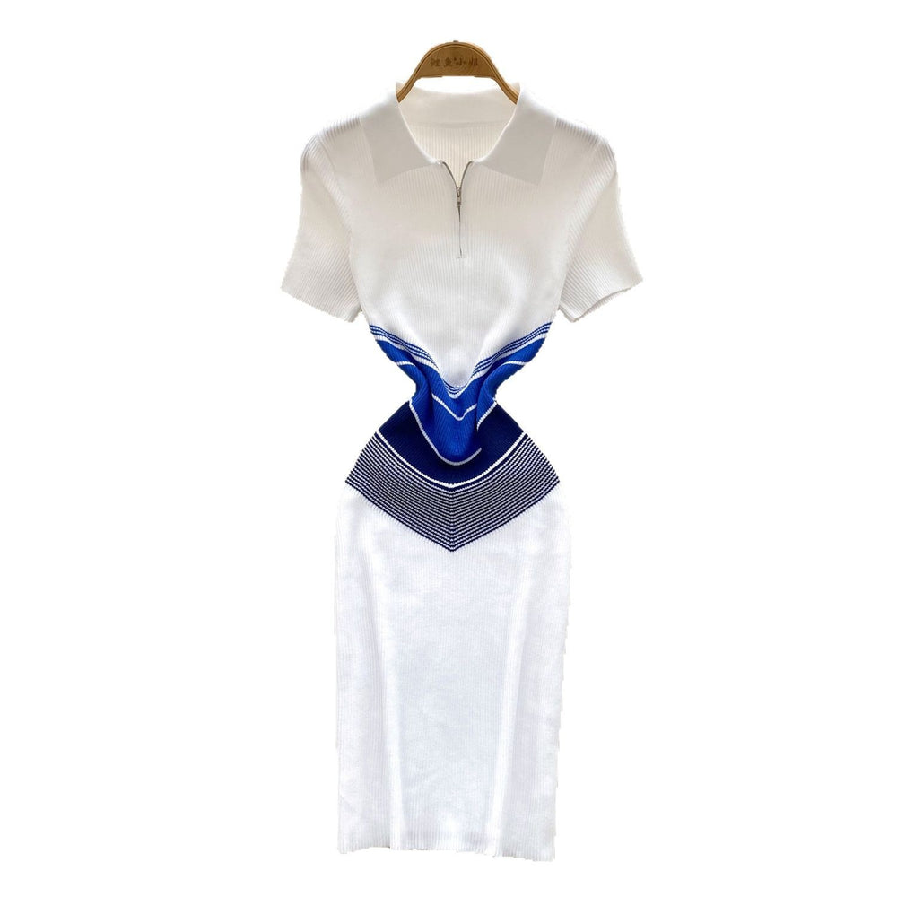 Korean chic retro color block knit dress - women's  summer slim fit polo collar short sleeve bodycon dress