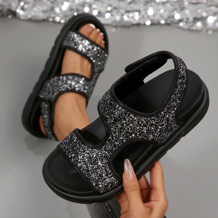 Summer plus sizeexport denim velcro high heel thick sole sandals new arrival cross-border fashionroman women