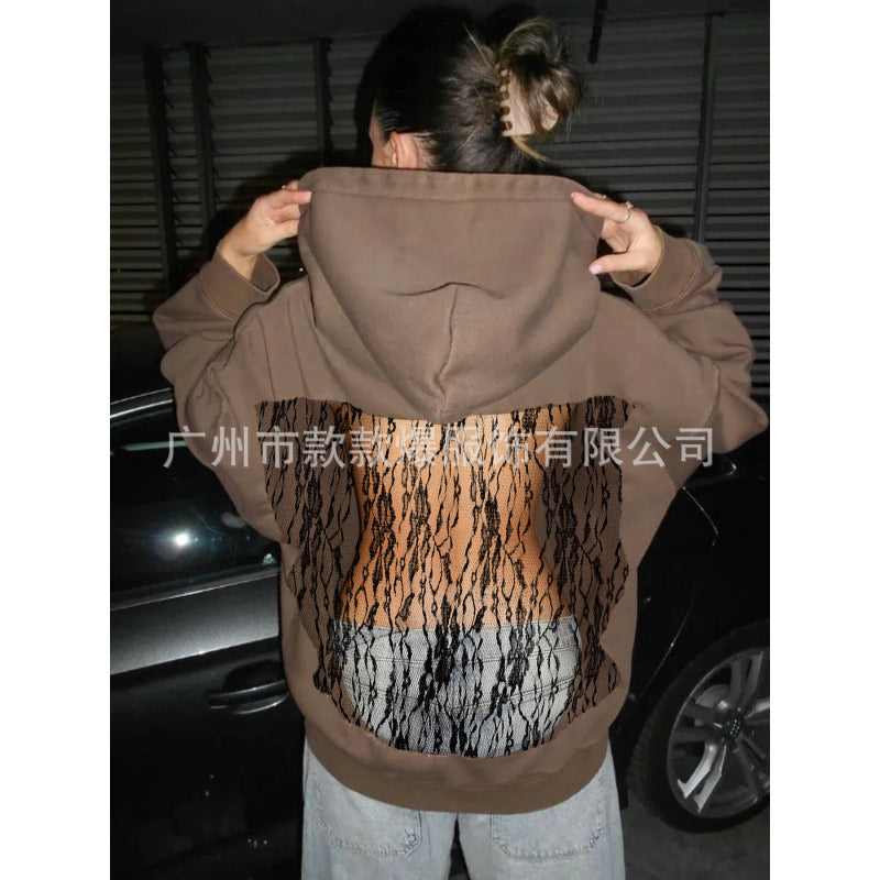 European and american cross-border  fall/winter new women's fashion  style solid color backless cutout mesh hoodie sweatshirt