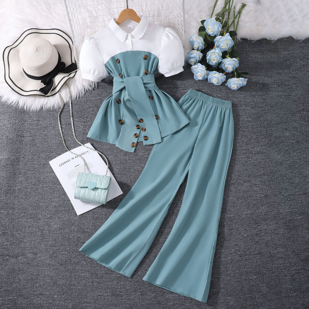 Girls' outfit set: white and brown color block collared top + wide leg flare pants fashion set