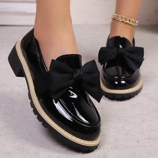 bow loafers for women  foreign trade thick sole medium heel british style retro small leather shoes for women size difference 0.5