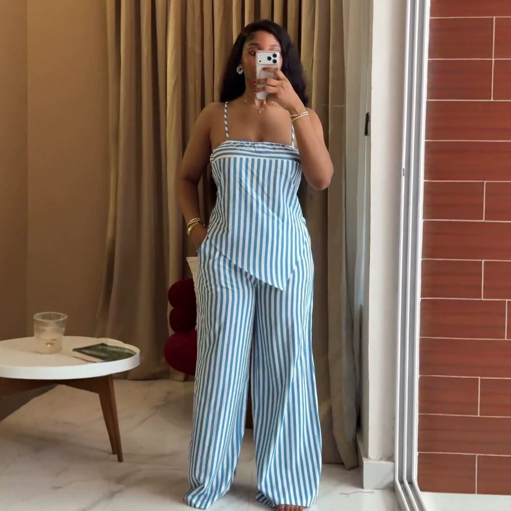 European and american cross-border women's fashion:  summer new collection - striped asymmetrical cami top and wide-leg pants set