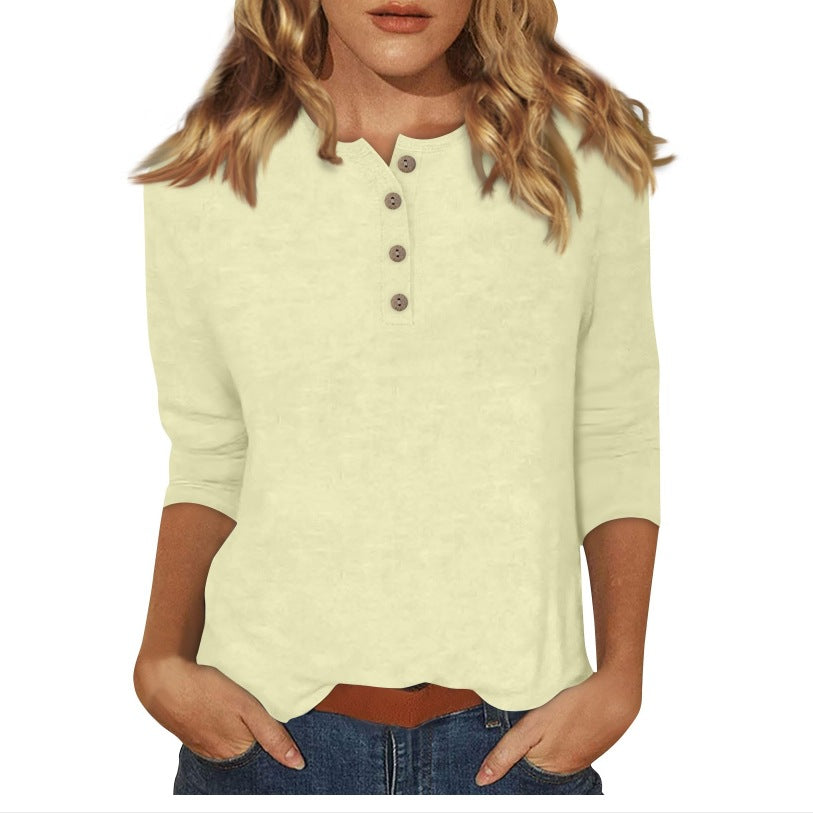 cross-border  women's fashion casual three-quarter sleeve solid color button-down crew neck t-shirt top