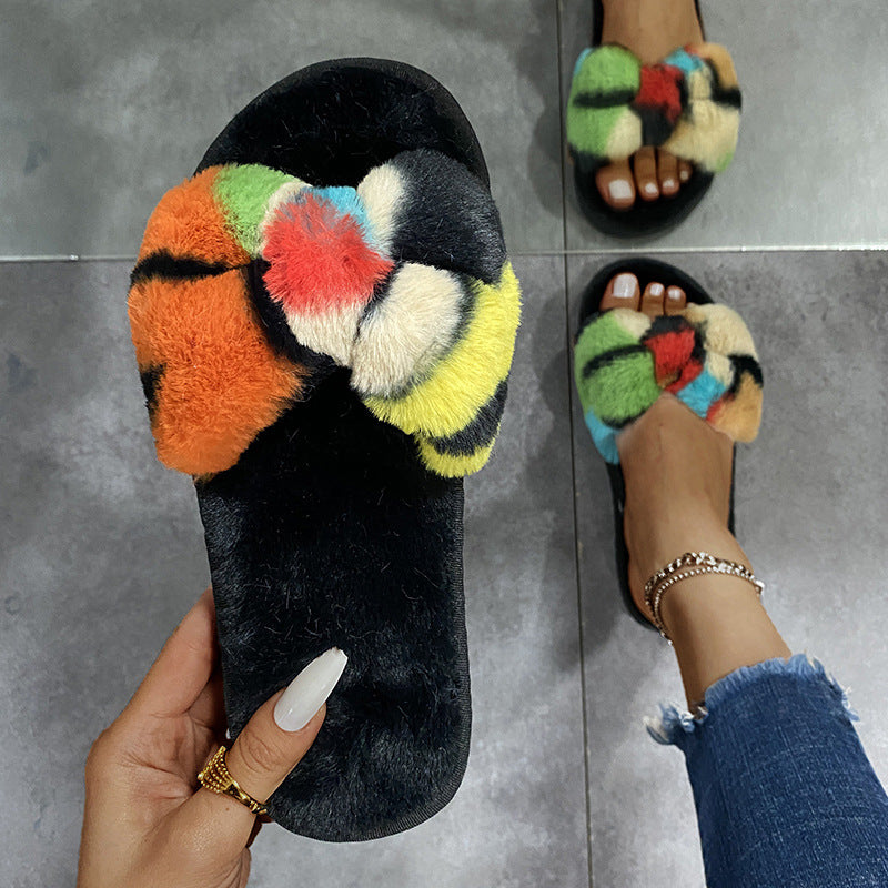 New cow print plush slippers for women - amazon cross-border casual bowknot fuzzy slippers - wholesale indoor slippers