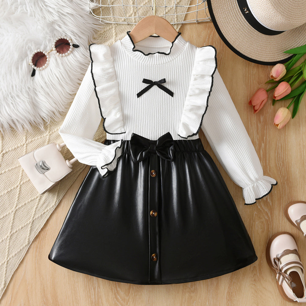girlsuitwhiteknittingtops flying sleeves lace leather skirt bowskids skirt two-piece set