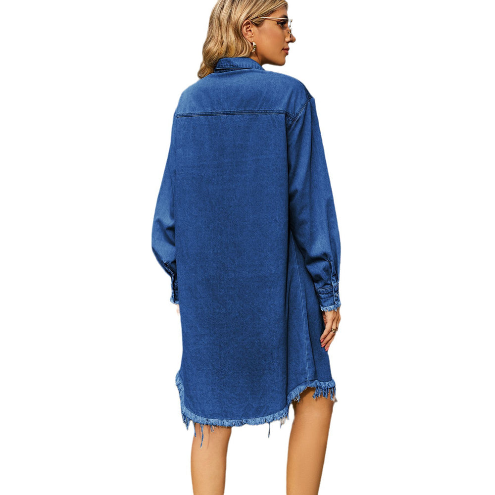 Fashion cross-border independent station  new retro washed denim loosecasual long-sleeved raw edge dress for women