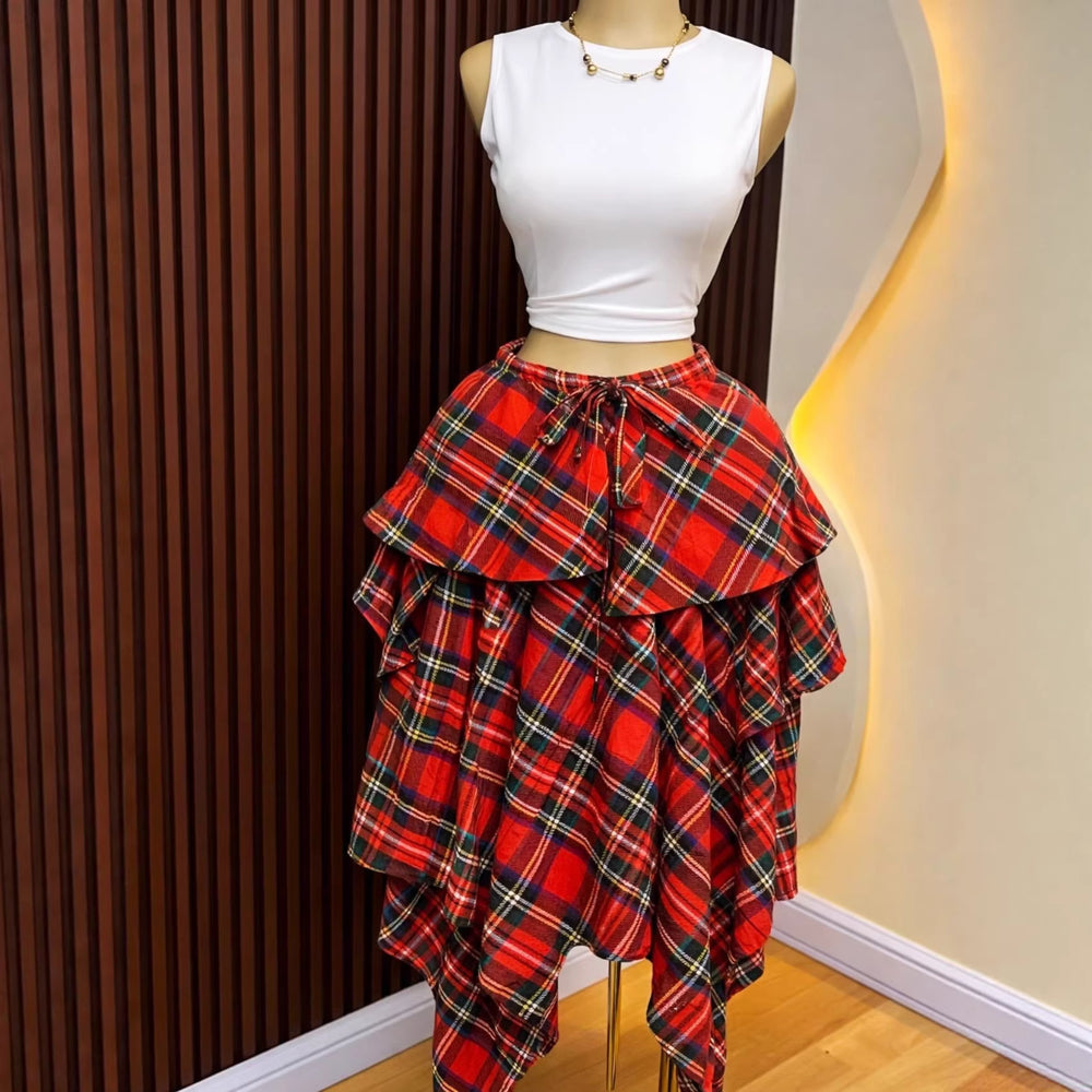 European and american cross-border women's fashion:  summer new arrival - high-waisted tie-waist plaid asymmetrical midi a-line skirt