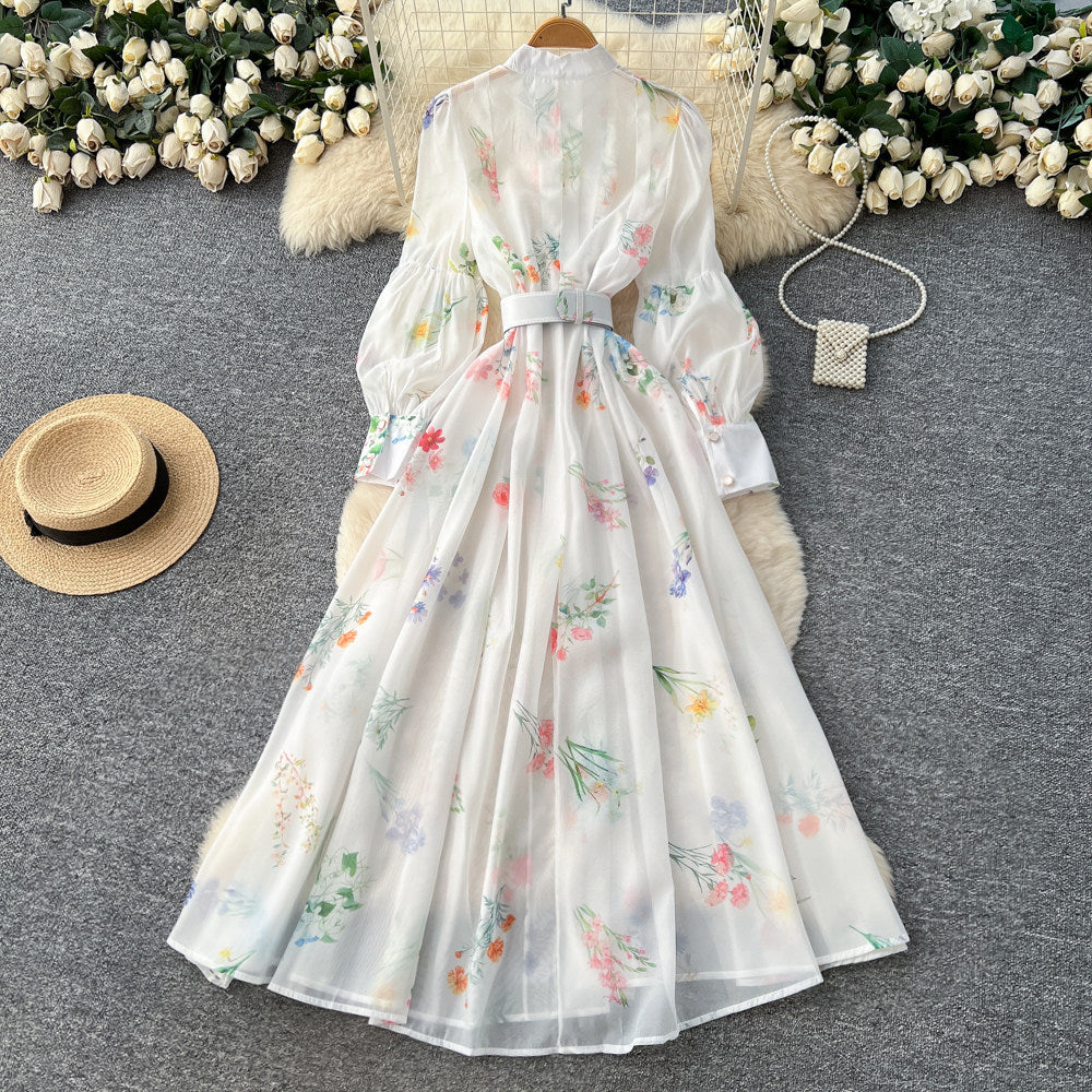 French romantic lantern sleeve floral dress - korean style cutout tie-waist a-line maxi dress - premium quality