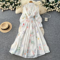 French romantic lantern sleeve floral dress - korean style cutout tie-waist a-line maxi dress - premium quality