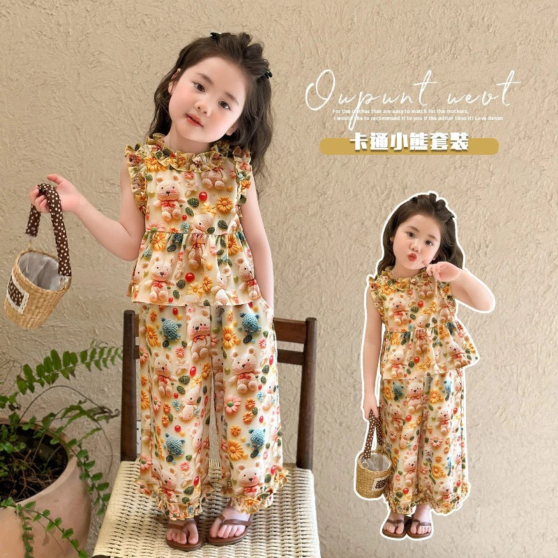 Girls' cartoon dress set - trendy and cute summer outfit for toddlers and young girls - casual floral print