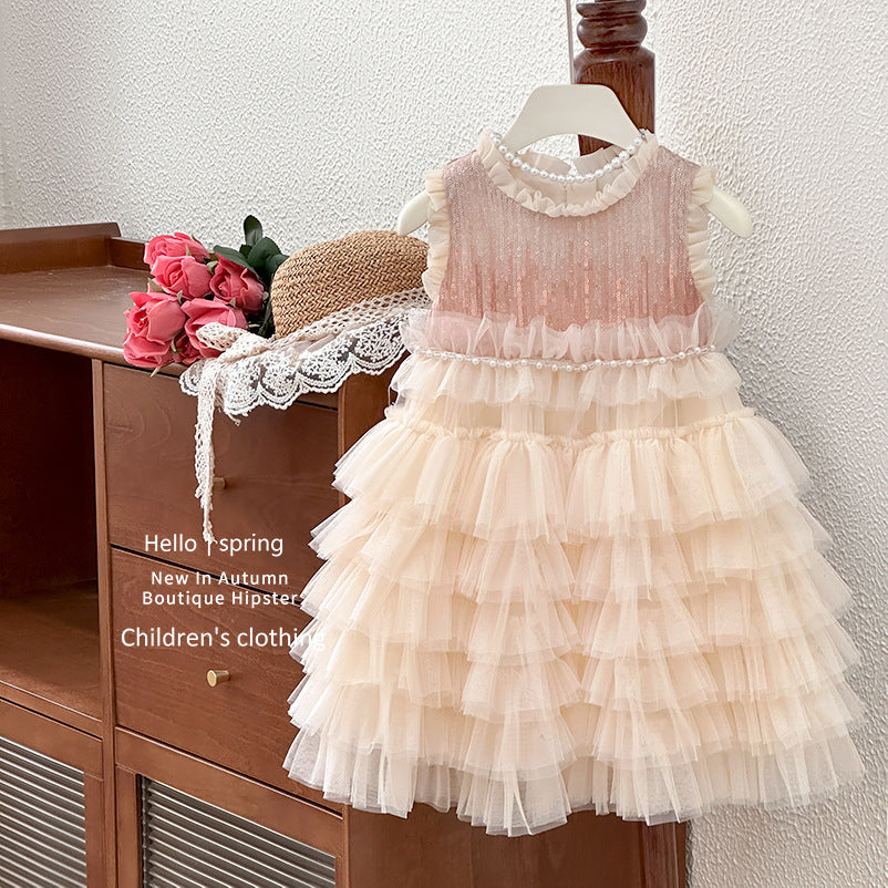 Girls' summer dress  new style sleeveless tank dress soft tulle sequin heavily embellished little girl's cake dress