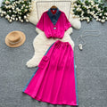 Salt style light mature two-piece set women's summer drawstring waist fake two-piece short-sleeved topshigh waist denim patchwork skirt
