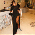 Fashion styleexportnew arrival silm women's slit pure color slightly see-through hip skirt round neck design long sleeves trendy dress