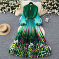 European and american niche style printed dress - women's new autumn collection - tie-waist, lantern sleeves, pleated, maxi dress with a-line skirt