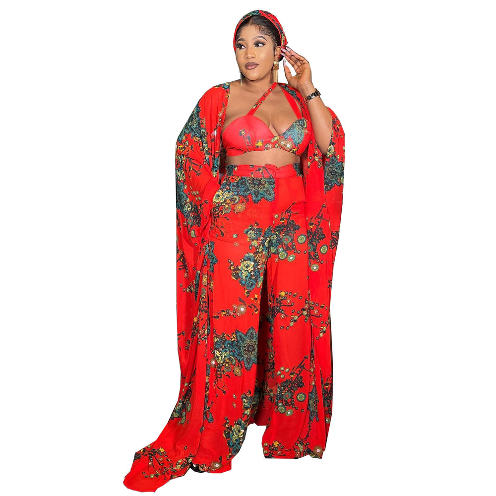 Fashionable digital print loose robe with wide-leg pants, bra, and headscarf 4-piece set - african women's clearance
