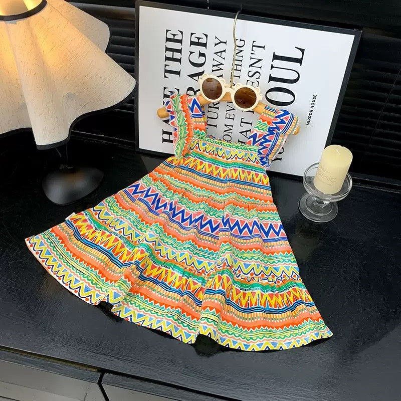 [family wear] children's cotton silk suspender dress sleeveless cake skirt summer thin flying sleeve western style floral skirt