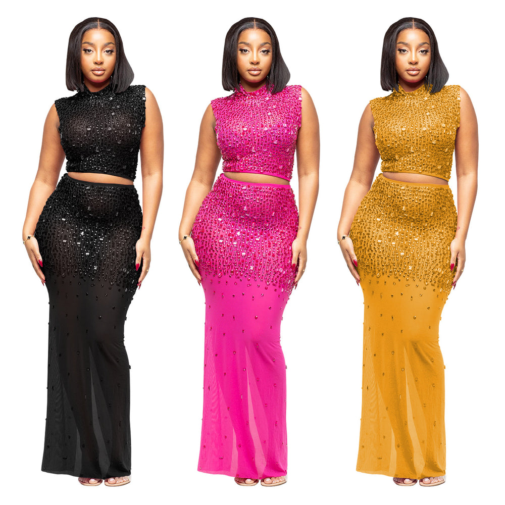 C7580 cross-border   fashionable women's hot-selling rhinestone mesh sleeveless two-piece dress set