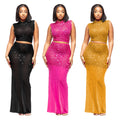 C7580 cross-border   fashionable women's hot-selling rhinestone mesh sleeveless two-piece dress set