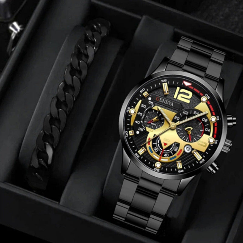 hot-selling men steel band calendar quartz watch bracelet suit quartz watch men's watch