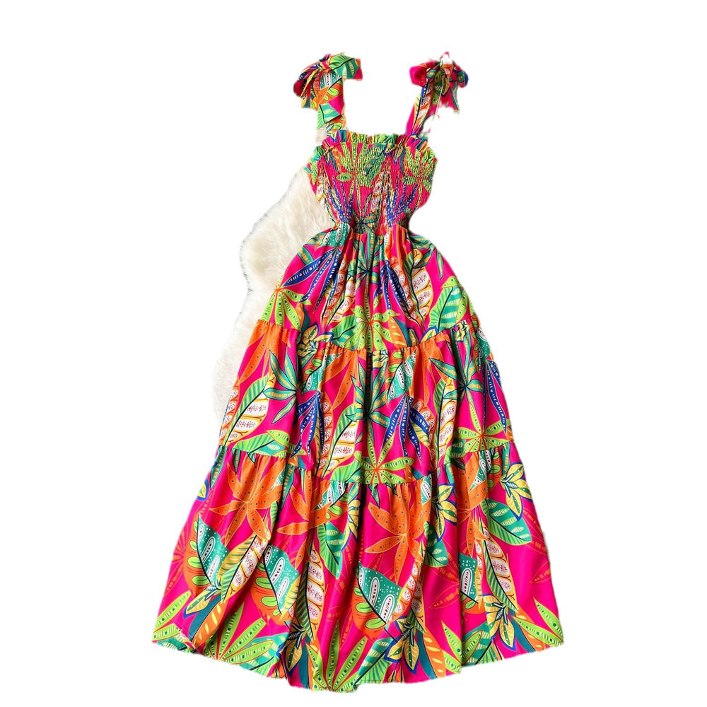 Hainan sanya travel & leisure dress - new summer collection: strapless bandeau, off-the-shoulder, cinched waist, maxi swing, printed dress for women