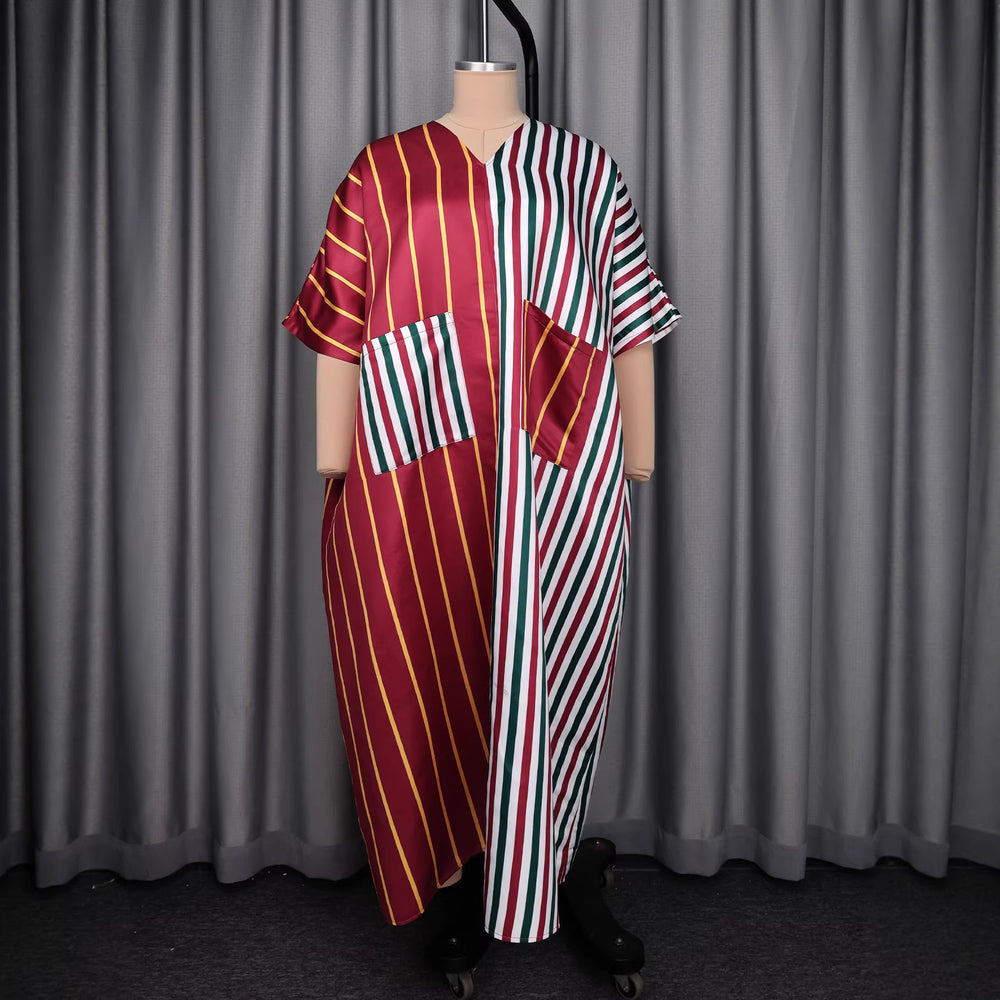 African women's ethnic patchwork dress - batwing sleeve pocketed satin bubu robe dress