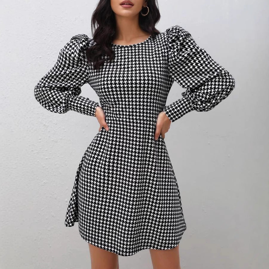European and american cross-border   fall/winter new arrival: houndstooth chic elegant slim-fit puff sleeve women's dress