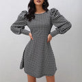 European and american cross-border   fall/winter new arrival: houndstooth chic elegant slim-fit puff sleeve women's dress