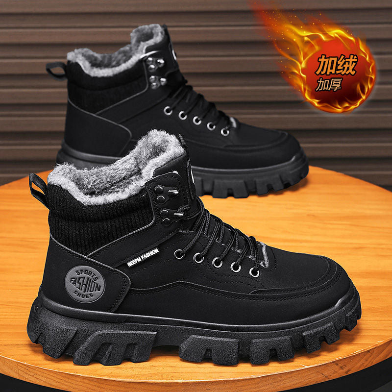 Boots men's fall and winter high-top british style workwear rhubarb boots men's fleece-lined cotton shoes thick sole outdoor waterproof leather boots