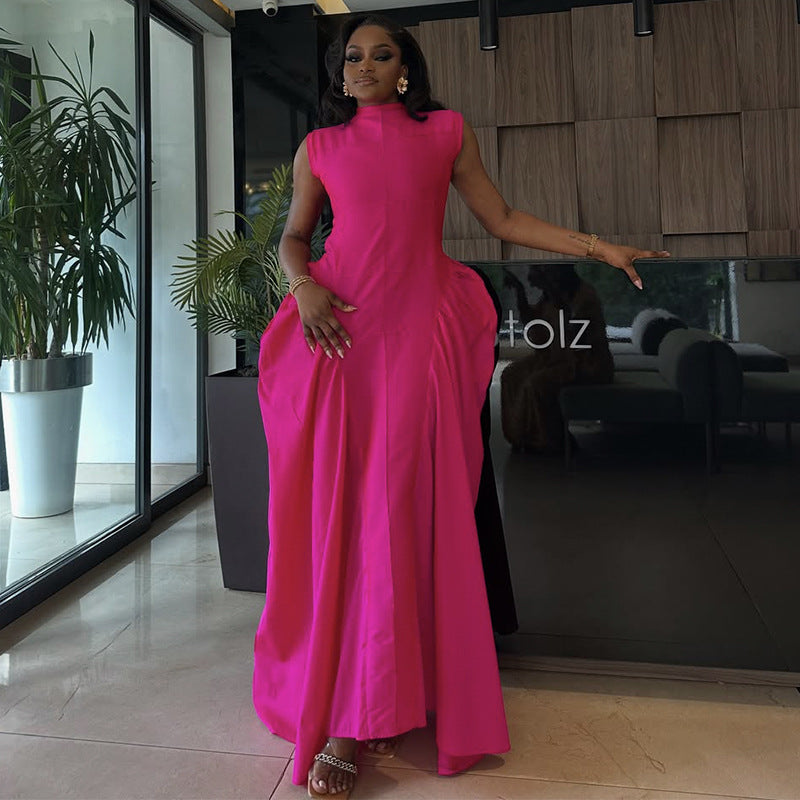 European and American  women's clothing 2025 autumn new fashionable and elegant turtleneck sleeveless solid color bud skirt dinner dress