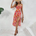 Amazon cross-border women's casual vacation style printed dress - summer square neck spaghetti strap slit midi dress