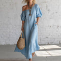 cross-border fashion summer women's solid color loose shoulder retrolong cotton and linen dress